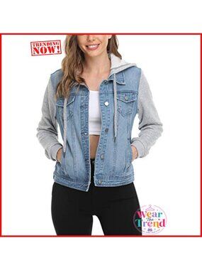 Hooded Denim Jacket Drawstring Layered Hood Cotton Jean Jacket